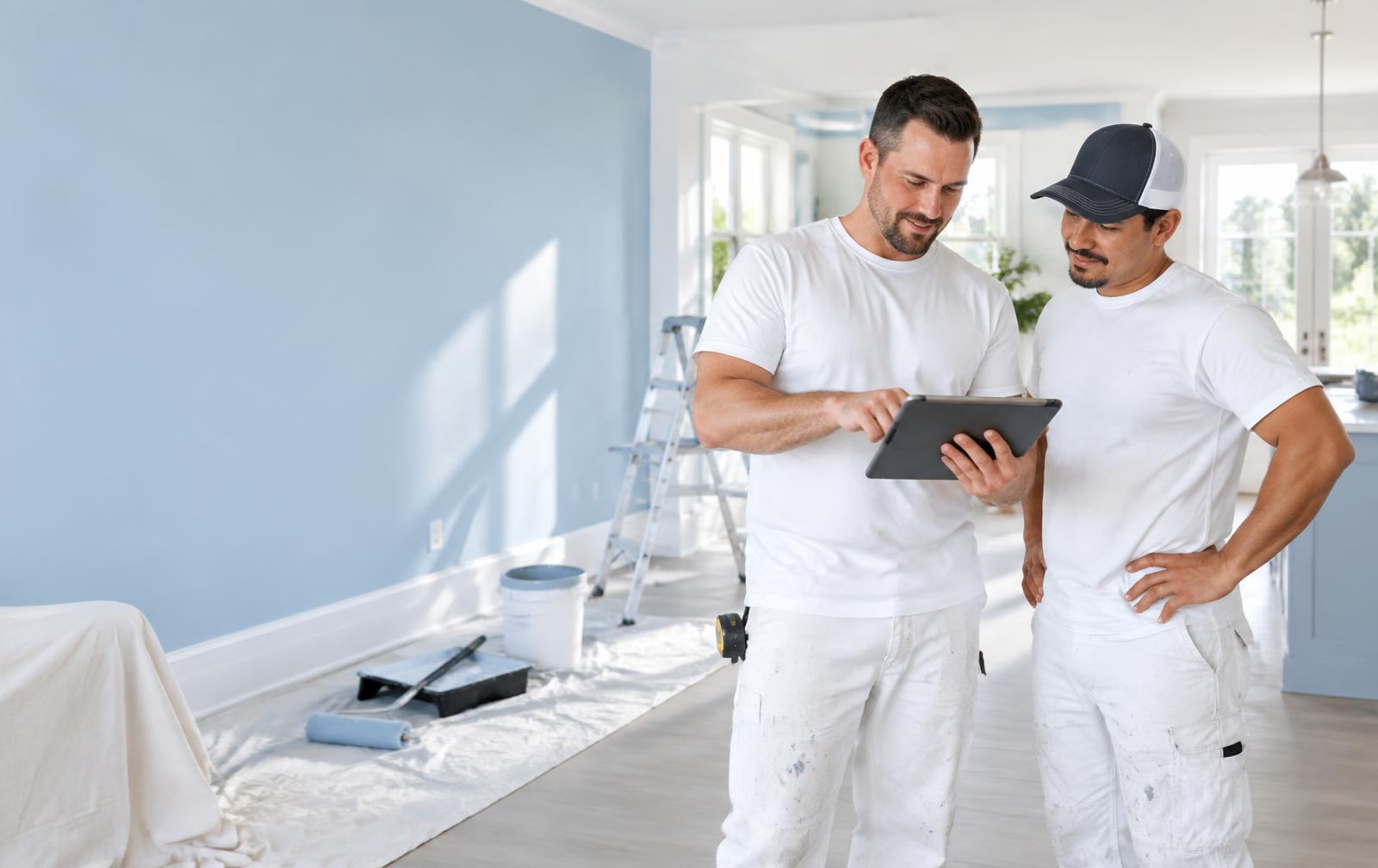 Painting contractors reviewing new customer opportunities on a tablet